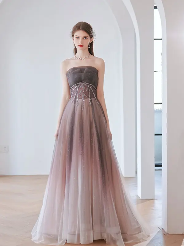 Chic / Beautiful Purple Rhinestone Sequins Prom Dresses 2022 A-Line / Princess Strapless Sleeveless Backless Floor-Length / Long Prom Formal Dresses