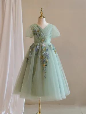 Chic Belle Vert Cendré En Dentelle Fleur Anniversaire Robe Ceremonie Fille 2024 Princesse V Cou Manches Courtes Dos Nu Longue Tulle