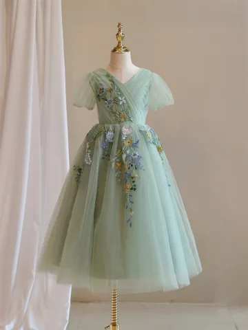Chic Belle Vert Cendré En Dentelle Fleur Anniversaire Robe Ceremonie Fille 2024 Princesse V Cou Manches Courtes Dos Nu Longue Tulle