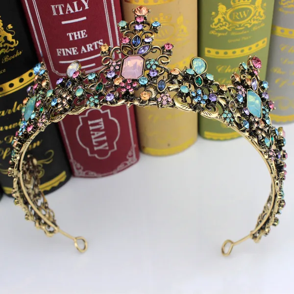 Vintage Multi-Kleuren Rhinestone Bronzen Legering Tiara Bruids Haaraccessoires 2023 Huwelijk