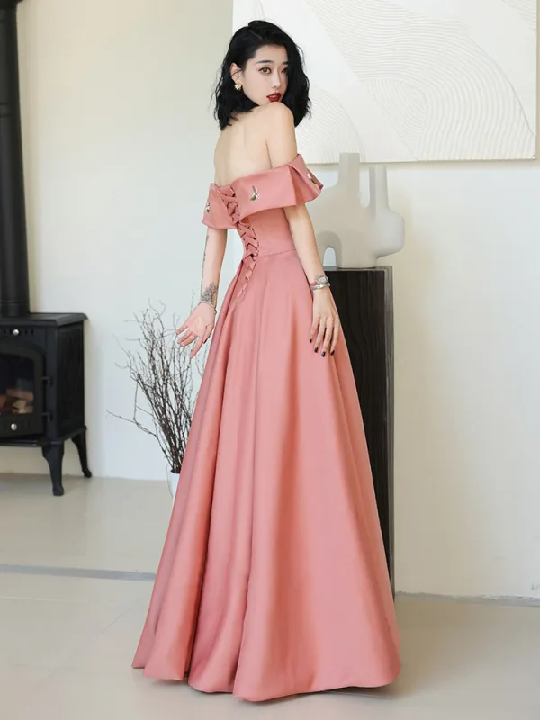 Classy Watermelon Satin Prom Dresses 2024 A-Line / Princess Off-The-Shoulder Short Sleeve Backless Floor-Length / Long Prom Formal Dresses