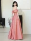 Classy Watermelon Satin Prom Dresses 2024 A-Line / Princess Off-The-Shoulder Short Sleeve Backless Floor-Length / Long Prom Formal Dresses