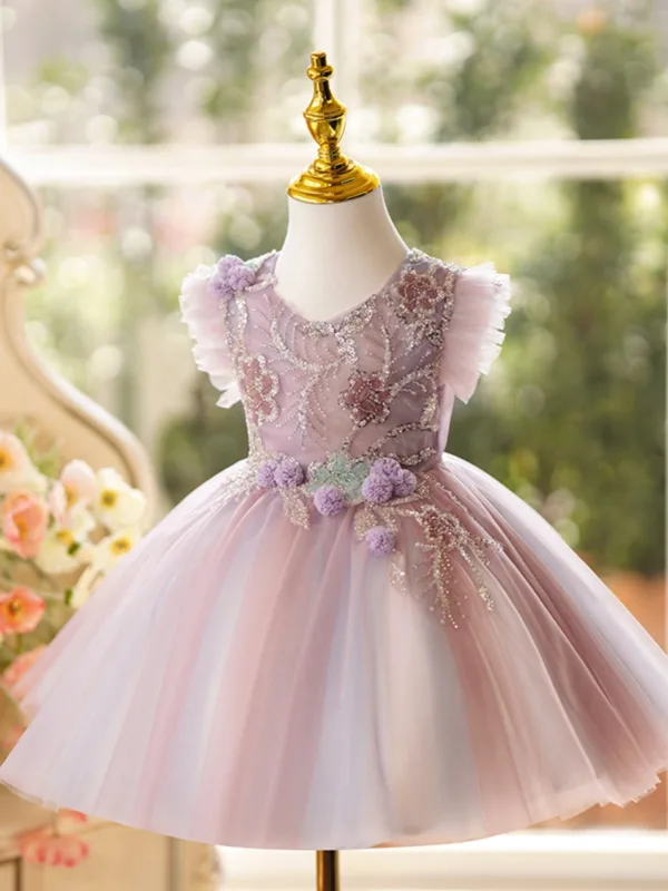 Schöne Rosa Perlenstickerei Applikationen Pailletten Kurze Geburtstag Blumenmädchenkleider 2024 Ballkleid Rundhalsausschnitt Ärmellos Rückenfreies Tülle