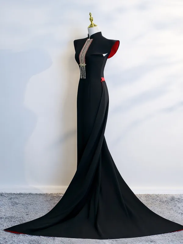 Vintage / Retro Chinese style Black Evening Party Cheongsam 2025 High Neck Cap Sleeves Sweep Train
