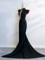 Vintage / Retro Chinese style Black Evening Party Cheongsam 2025 High Neck Cap Sleeves Sweep Train