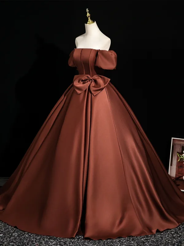 Vintage / Retro Brown Bow Satin Prom Dresses Ball Gown 2025 Off-The-Shoulder Short Sleeve Backless Floor-Length / Long Formal Dresses