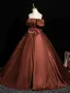 Vintage / Retro Brown Bow Satin Prom Dresses Ball Gown 2025 Off-The-Shoulder Short Sleeve Backless Floor-Length / Long Formal Dresses