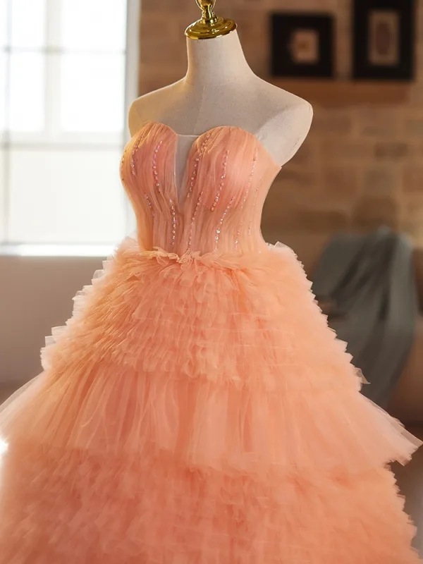 Chic / Belle Orange Perlage Volants en Cascade Robe De Bal 2025 Princesse Bustier Sans Manches Dos Nu Train De Balayage Promo Robe De Ceremonie