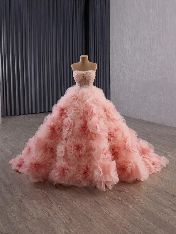 Luxury / Gorgeous Flower Fairy Blushing Pink Handmade  Beading Pearl Sequins Appliques Prom Dresses 2025 Ball Gown Strapless Sleeveless Backless Chapel Train