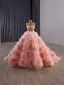Luxury / Gorgeous Flower Fairy Blushing Pink Handmade  Beading Pearl Sequins Appliques Prom Dresses 2025 Ball Gown Strapless Sleeveless Backless Chapel Train