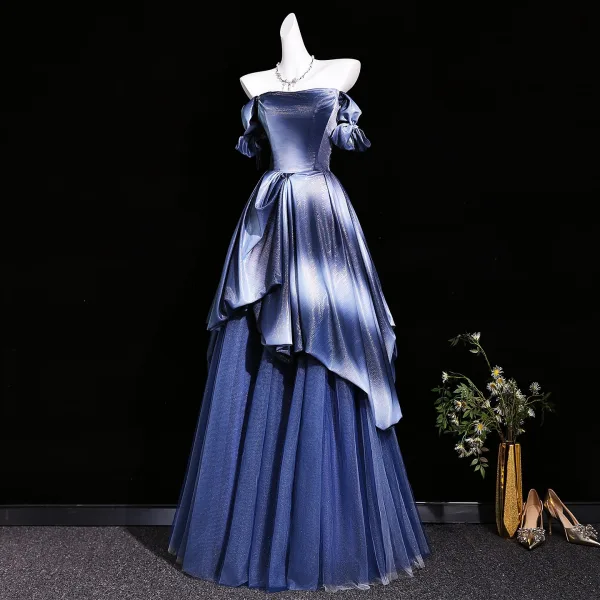 Dazzling Navy Blue Ball Gown Prom Dresses 2026 Off-The-Shoulder Short Sleeve Backless Floor-Length / Long Formal Dresses