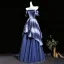 Dazzling Navy Blue Ball Gown Prom Dresses 2026 Off-The-Shoulder Short Sleeve Backless Floor-Length / Long Formal Dresses