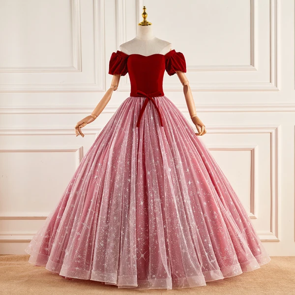 Schöne Rot Ballkleider 2023 Off Shoulder Ballkleid Kurze Ärmel Rückenfreies Schleife Stoffgürtel Lange Ball Festliche Kleider