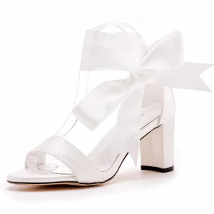 Elegant Ivory Ankle Strap Bow Prom Womens Sandals High Heels 2023 7 Cm Thick Heels Open Peep Toe Sandals