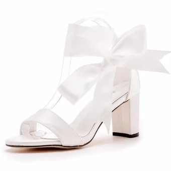 Elegant Ivory Ankle Strap Bow Prom Womens Sandals High Heels 2023 7 Cm Thick Heels Open Peep Toe Sandals