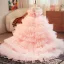 Fashion Blushing Pink Cascading Ruffles Birthday Flower Girl Dresses 2025 Ball Gown Spaghetti Straps Sleeveless Backless Bow Sash Court Train