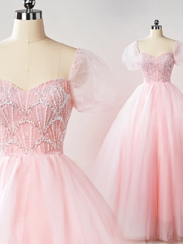 Schöne Rosa Perlenstickerei Perle Pailletten Ballkleider 2025 Ballkleid Eckiger Ausschnitt Kurze Ärmel Rückenfreies Lange Ball Festliche Kleider