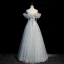 Charming Sage Green Beading Prom Dresses 2023 A-Line / Princess Off-The-Shoulder Bow Short Sleeve Backless Floor-Length / Long Formal Dresses