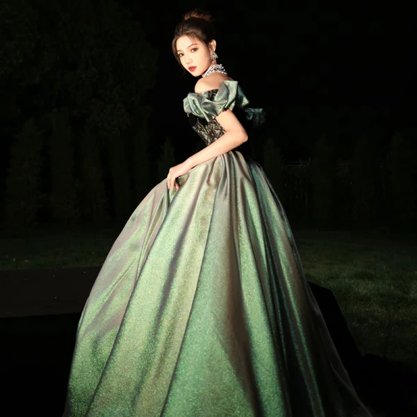 Fashion Green Prom Dresses 2024 A-Line / Princess Ruffle Off-The-Shoulder Sleeveless Backless Floor-Length / Long Prom Formal Dresses