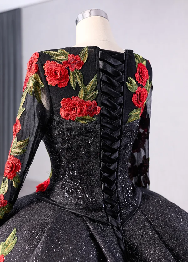 Elegant Black 3D Lace Flower Glitter Sequins Prom Dresses 2024 Ball Gown Scoop Neck Long Sleeve Royal Train Prom Formal Dresses