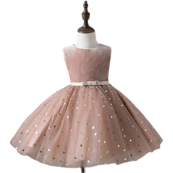 Fashion Blushing Pink Star Sequins Birthday Flower Girl Dresses 2022 Ball Gown Scoop Neck Sleeveless Bow Sash Short Flower Girl Dresses