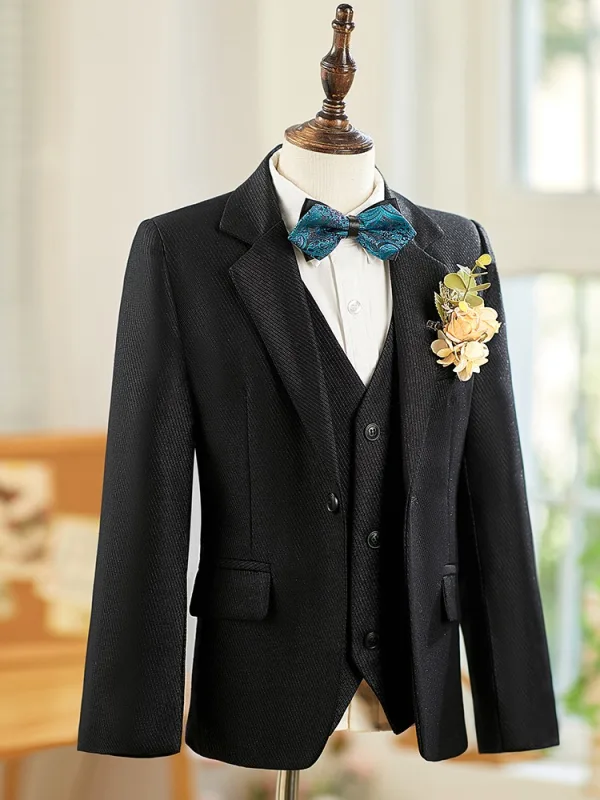 Black Winter Fall Long Sleeve 6-piece Boys Wedding Suits 2025 Body Jewellery Coat Pants Shirt Tie Vest