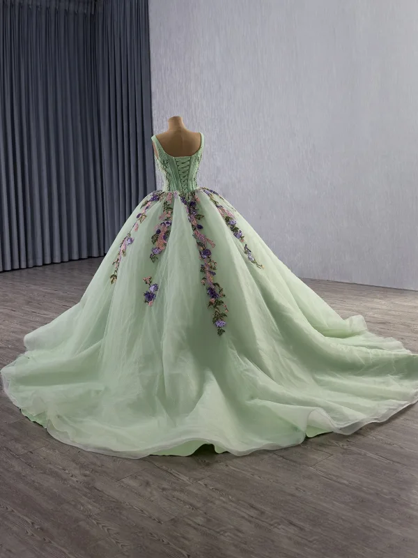 Luxury / Gorgeous Sage Green Beading Pearl Sequins Appliques Lace Flower Prom Dresses 2025 Ball Gown V-Neck Sleeveless Backless Chapel Train