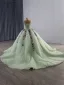 Luxury / Gorgeous Sage Green Beading Pearl Sequins Appliques Lace Flower Prom Dresses 2025 Ball Gown V-Neck Sleeveless Backless Chapel Train