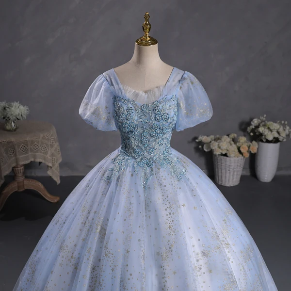 Elegant Champagne Beading Sequins Prom Dresses 2023 Ball Gown Square Neckline Puffy Short Sleeve Backless Floor-Length / Long Prom Formal Dresses