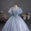 Elegant Champagne Beading Sequins Prom Dresses 2023 Ball Gown Square Neckline Puffy Short Sleeve Backless Floor-Length / Long Prom Formal Dresses