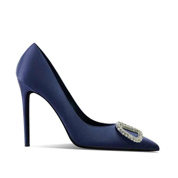 Chic / Beautiful Navy Blue Rhinestone Evening Party Pumps 2024 Leather 10 cm Stiletto Heels Pointed Toe Pumps High Heels