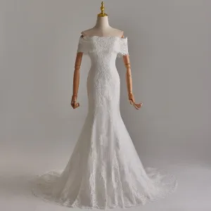 Elegant White Pearl Lace Flower Wedding Dresses 2025 Trumpet Mermaid Off The Shoulder Sleeveless Backless Sweep Train Wedding