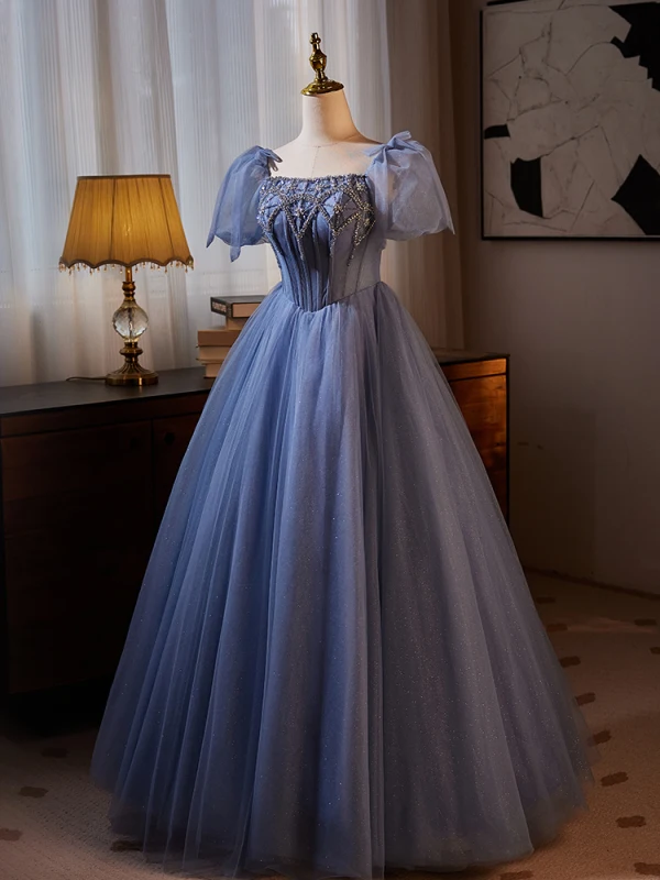 Chic / Beautiful Ocean Blue Glitter Rhinestone Prom Dresses 2024 Ball Gown Square Neckline Puffy Short Sleeve Backless Formal Dresses Prom Floor-Length / Long