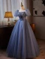 Chic / Beautiful Ocean Blue Glitter Rhinestone Prom Dresses 2024 Ball Gown Square Neckline Puffy Short Sleeve Backless Formal Dresses Prom Floor-Length / Long