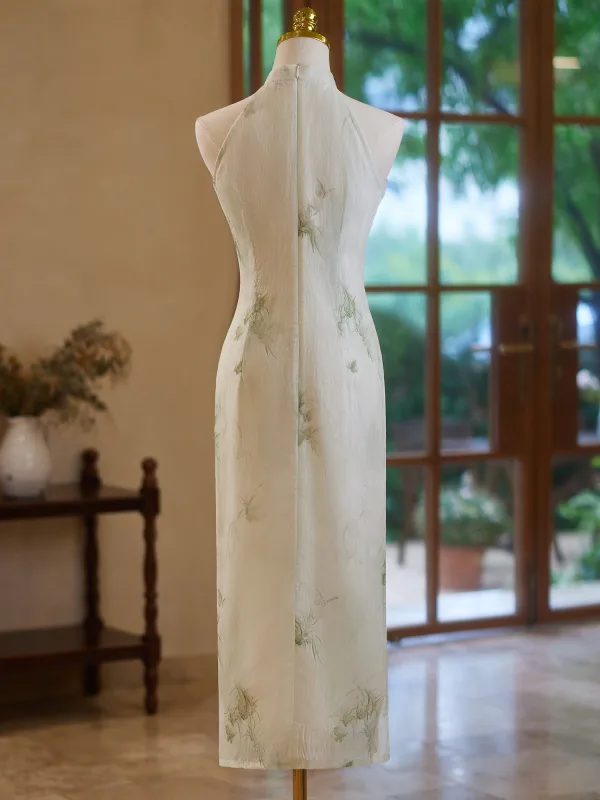 Chinese style Sage Green Printing Tea-length Cheongsam 2024 Trumpet / Mermaid High Neck Sleeveless