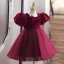 Chic / Beautiful Burgundy Suede Birthday Short Flower Girl Dresses 2022 Ball Gown Square Neckline Puffy Short Sleeve Bow Flower Girl Dresses