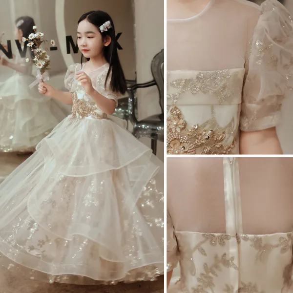 Charming Champagne Cascading Ruffles Birthday Flower Girl Dresses 2022 Ball Gown Scoop Neck Beading Pearl Sequins Appliques Short Sleeve Floor-Length / Long Flower Girl Dresses