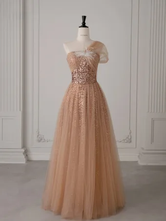 Sparkly Champagne Sequins Prom Dresses 2025 A Line Princess One Shoulder Short Sleeve Backless Floor Length Long Formal Dresses