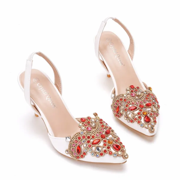 Charming Multi-Colors Rhinestone White Wedding Shoes 2022 7 cm Stiletto Heels Pointed Toe Wedding High Heels