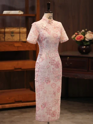 Bling Bling Rougissant Rose En Dentelle Paillettes Soirée Cheongsam 2024 Trompette Sirène Col Haut Manches Courtes Thé Longueur