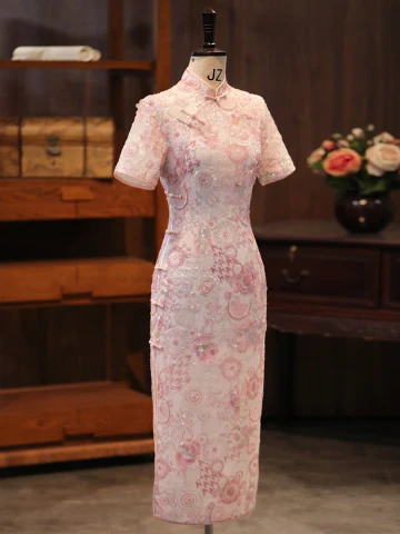 Bling Bling Blushing Pink Lace Sequins Evening Party Cheongsam 2024 Trumpet Mermaid High Neck Short Sleeve Tea Length