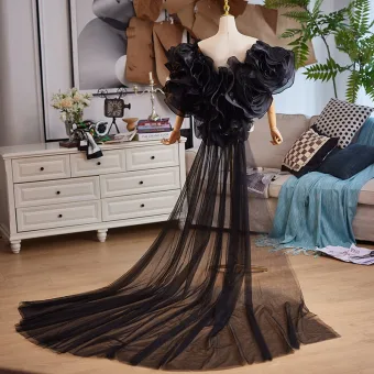 Fashion Black Handmade Ruffle Flower Prom Shawls 2025