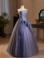 Chic / Beautiful Ocean Blue Appliques Prom Dresses 2024 A-Line / Princess Strapless Sleeveless Backless Floor-Length / Long Prom Formal Dresses