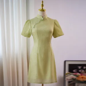 Chinese Style Sage Green Knee Length Cheongsam 2024 Trumpet Mermaid High Neck Short Sleeve