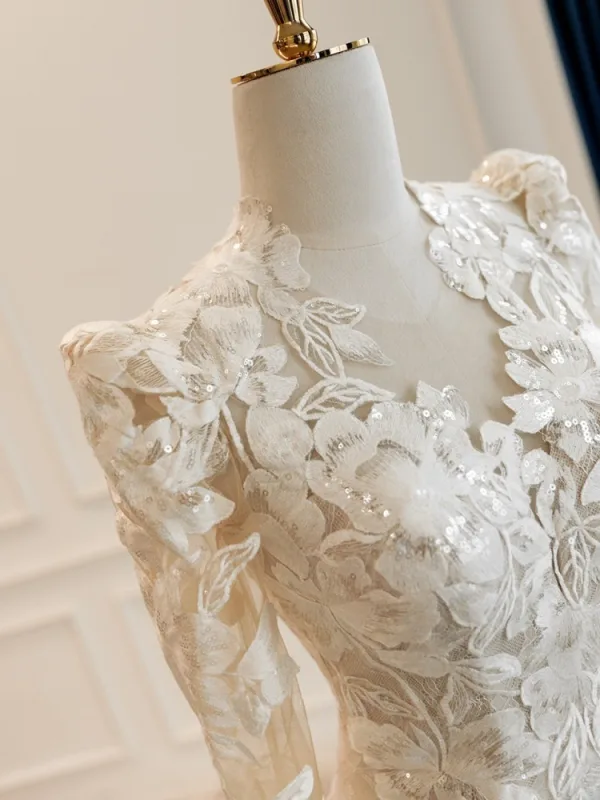 Luxury / Gorgeous Champagne Handmade Sequins Lace Flower Chapel Train Wedding Dresses 2026 Trumpet / Mermaid V-Neck Long Sleeve