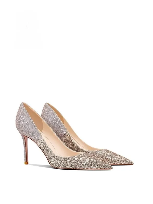 Glittrande Champagne Läder Paljetter Brudskor 2026 6 cm Stilettklackar Spetsiga Bröllop Pumps