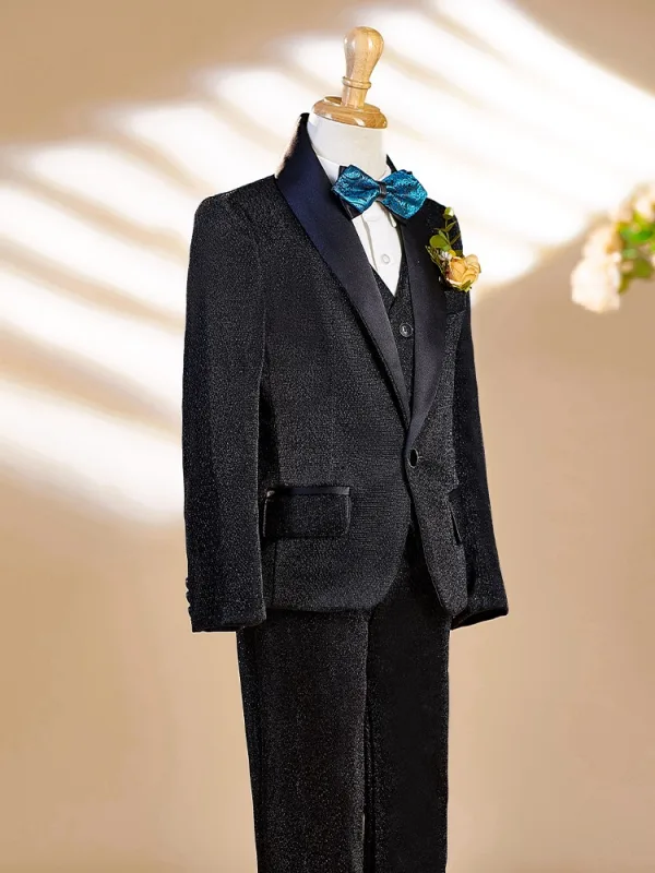 Fall Winter Black Long Sleeve 6-piece Boys Wedding Suits 2025 Body Jewellery Coat Pants Shirt Tie Vest