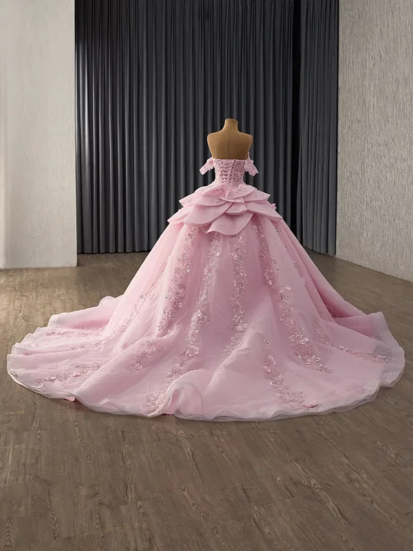 Luxe Rougissant Rose Fait main Perlage Perle Paillettes Appliques Robe De Mariée 2025 Robe Boule De l'épaule Manches Courtes Dos Nu Chapel Train Mariage