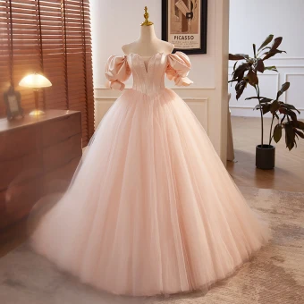 Chic Beautiful Blushing Pink Beading Prom Dresses 2023 Ball Gown Off The Shoulder Puffy Short Sleeve Backless Floor Length Long Prom Formal Dresses