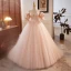 Chic / Beautiful Blushing Pink Beading Prom Dresses 2023 Ball Gown Off-The-Shoulder Puffy Short Sleeve Backless Floor-Length / Long Prom Formal Dresses